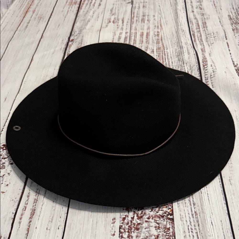 PETER GRIMM Black Wide Brim Wool Fedora Hat with Brown Leather Cord - Picture 6 of 15
